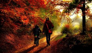mother biking with daughter in the autumn